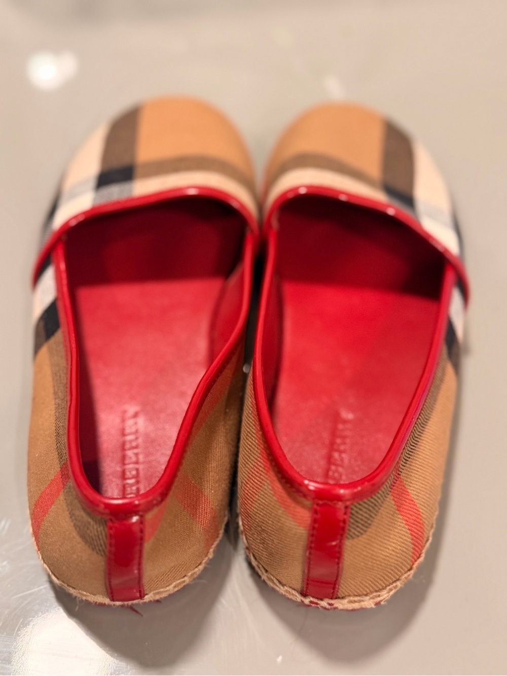 Burberry Tan Plaid Espadrilles with Red Trim